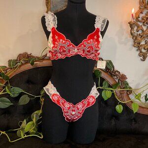 Vintage Ellen Brock Lace Lingerie 2 Piece Set Ruffle Strap Size M Red/White
